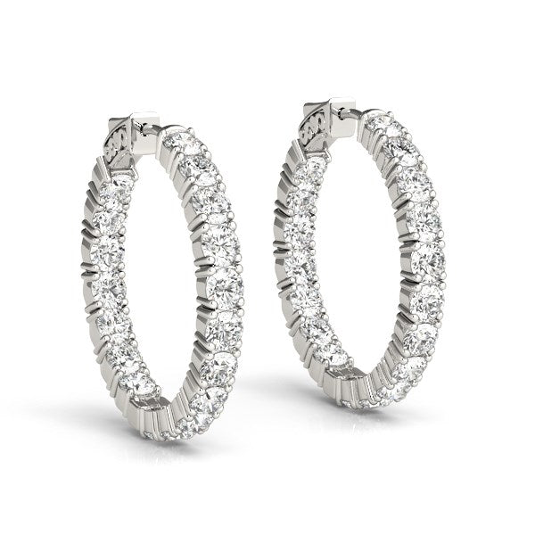 White Gold 14k 3 Two Sided Prong Set Diamond Hoop Earrings in Hinged Snap Back