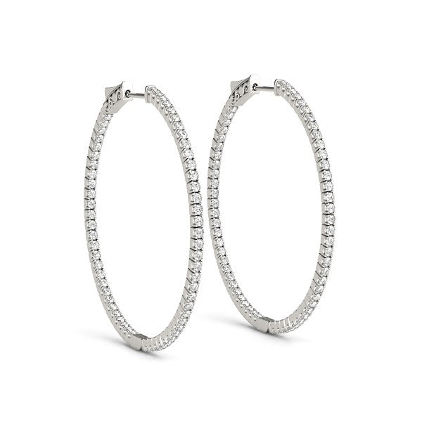 White Gold 14k 1 Slim Two Sided Diamond Hoop Earrings in Hinged Snap Back