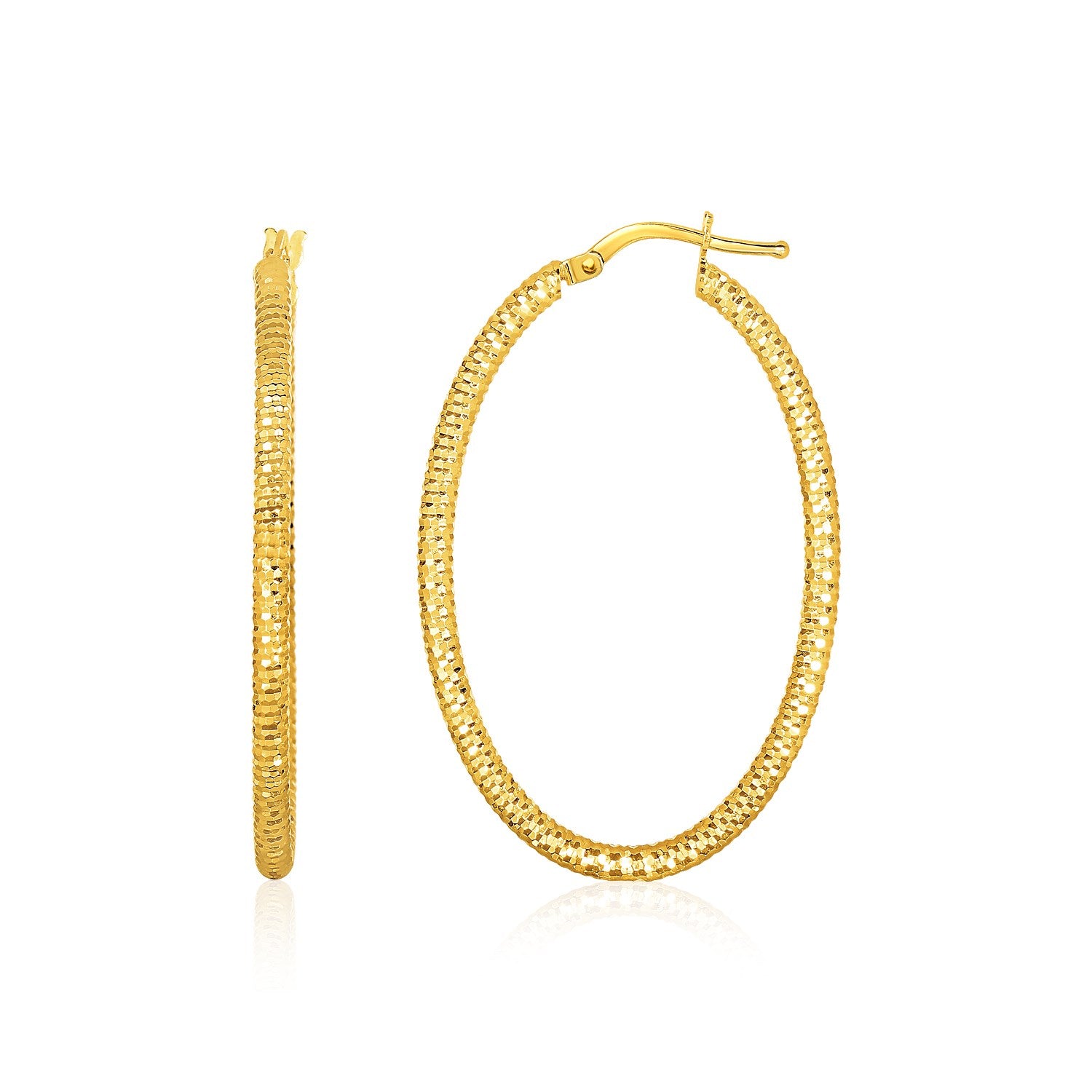Yellow Gold 14k Textured Oval Hoop Earrings with Snap Lock