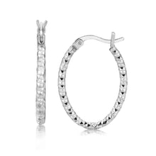 Load image into Gallery viewer, Sterling Silver Hoop Diamond Cut Texture Earrings with Rhodium Plating