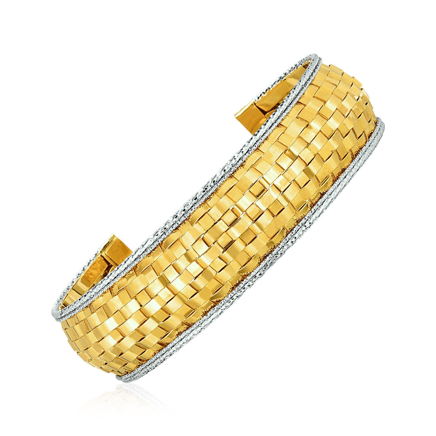 Yellow and White Gold Cuff Bangle 14k with Basket Weave Texture