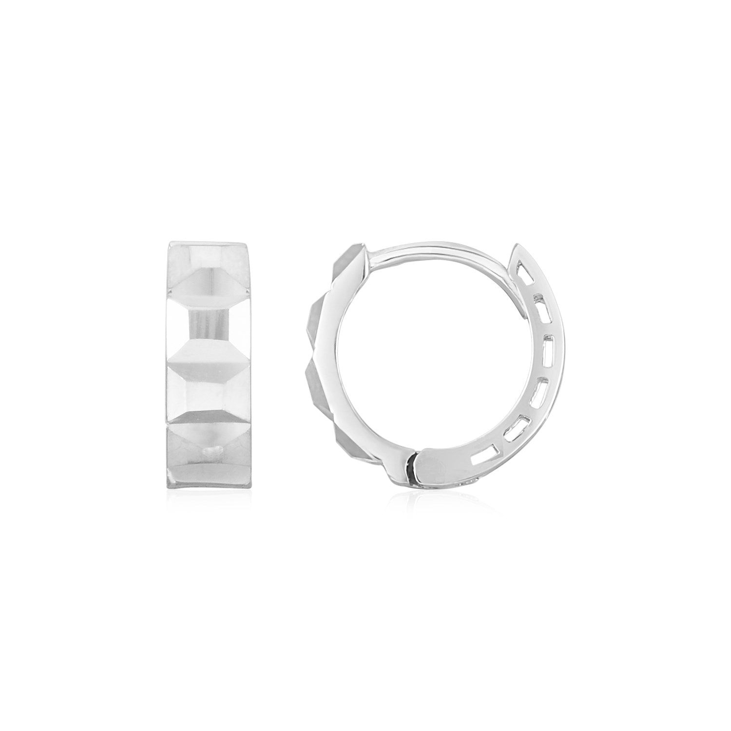 White Gold 14k Square Motif Faceted Huggie Hoop Earrings in Hinged Snap Back