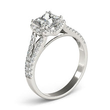 Load image into Gallery viewer, White Gold 14k Princes Cut Halo Split Shank Diamond Engagement Ring