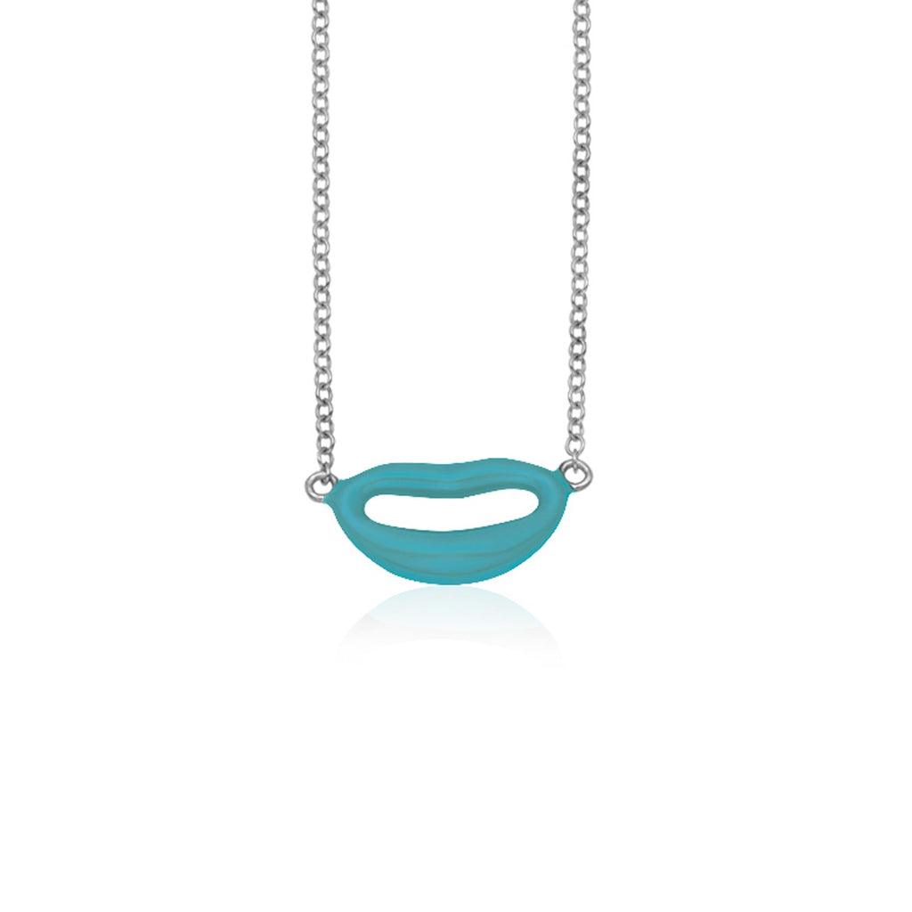 White Gold 14k Women's Emoji Necklace with Enamel Blue Lips