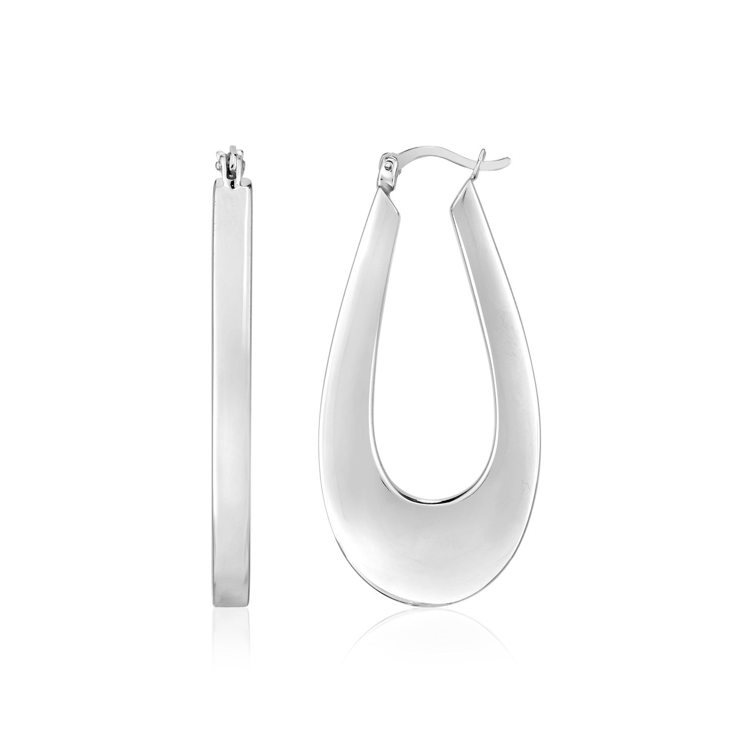 Sterling Silver Puffed Rectangular Profile Long Oval Hoop Earrings in Hinged Snap Back