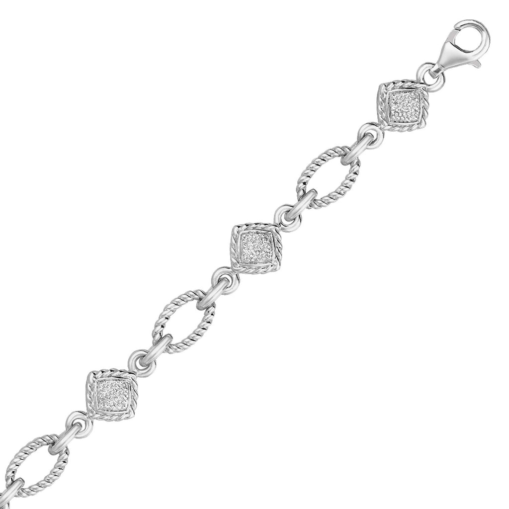 Sterling Silver Cable Oval and Square Women's Link Bracelet with Diamonds