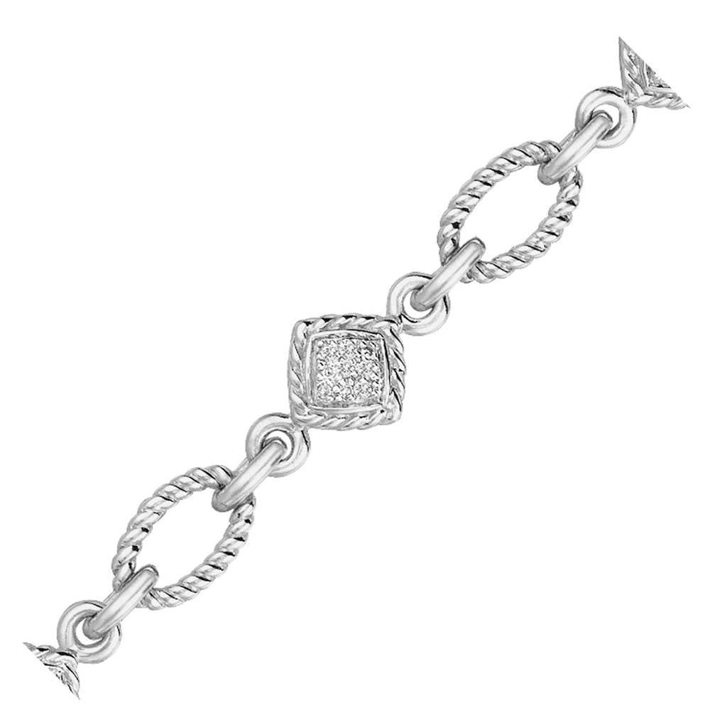 Sterling Silver Cable Oval and Square Women's Link Bracelet with Diamonds