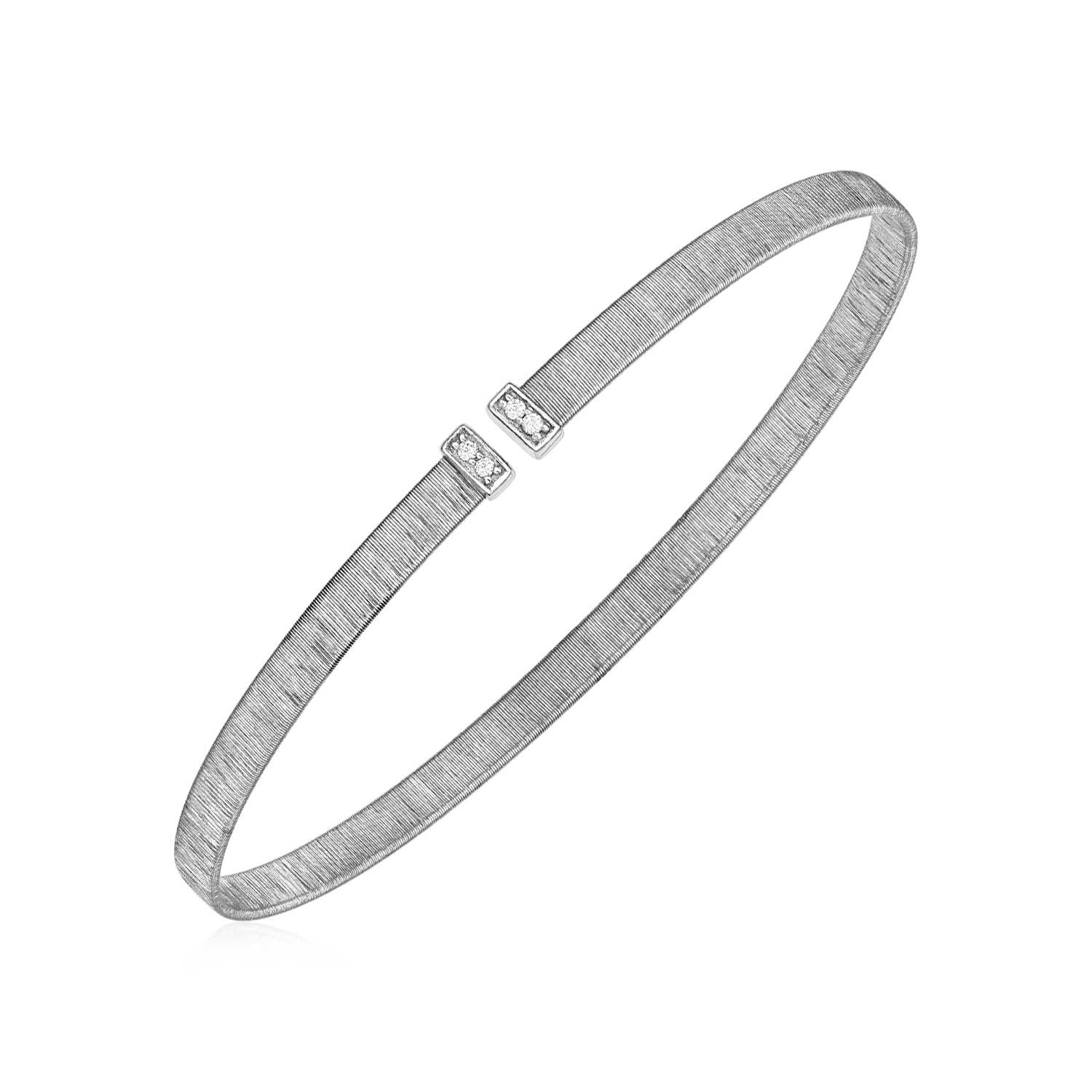White Gold 14k Narrow Silk Textured Cuff Bangle with Diamonds