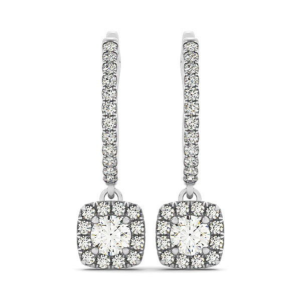 White Gold 14k Cushion Shape Halo Style Diamond Drop Earrings