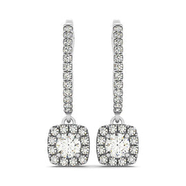White Gold 14k Cushion Shape Halo Style Diamond Drop Earrings