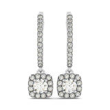 White Gold 14k Cushion Shape Halo Style Diamond Drop Earrings
