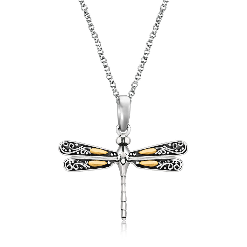 Yellow Gold and Sterling Silver 18k in a Dragonfly Crafted Design Pendant