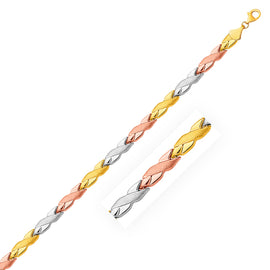 Tri-Color Gold 14k Shiny and Textured X Women's Link Bracelet