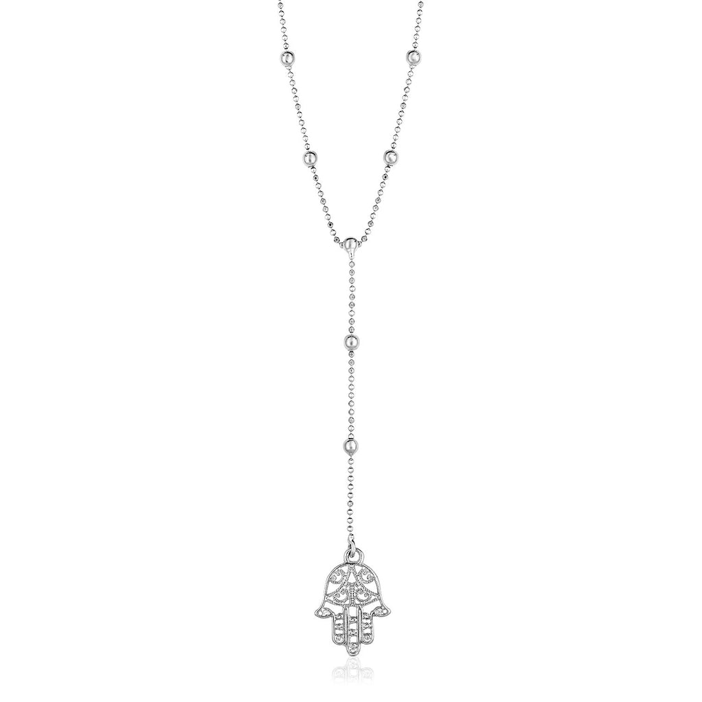Sterling Silver Women's Lariat Necklace with Hand of Hamsa Symbol