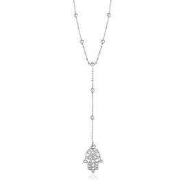 Sterling Silver Women's Lariat Necklace with Hand of Hamsa Symbol