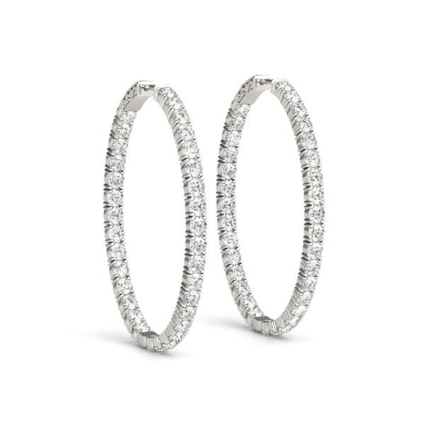 White Gold 14k Oval Shape Two Sided Diamond Hoop Earrings in Hinged Snap Back