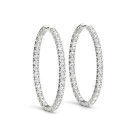 White Gold 14k Oval Shape Two Sided Diamond Hoop Earrings in Hinged Snap Back