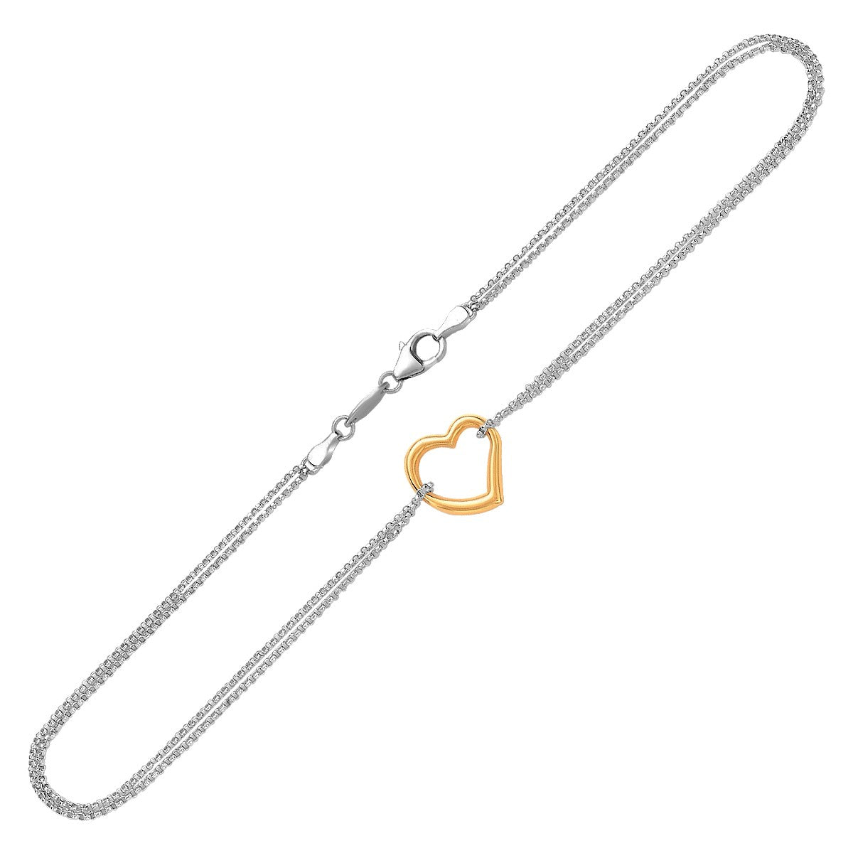Yellow Gold and Sterling Silver 14k Anklet with a Single Open Heart Station