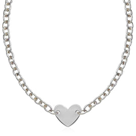 Sterling Silver Rhodium Plated Chain Bracelet with a Flat Heart Motif Station