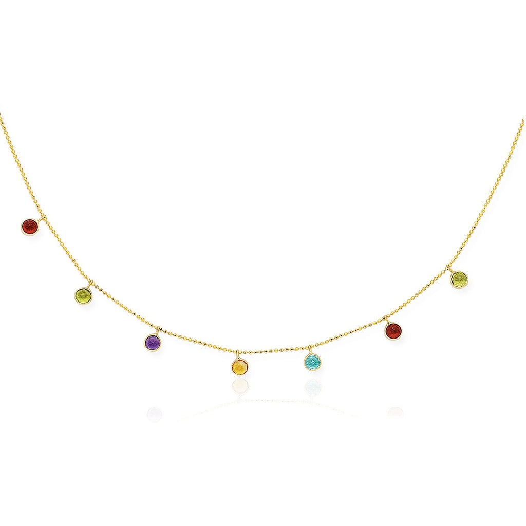 Yellow Gold 14k Cable Chain Women's Fancy Necklace with Round Multi-Tone Charms