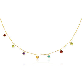 Yellow Gold 14k Cable Chain Women's Fancy Necklace with Round Multi-Tone Charms