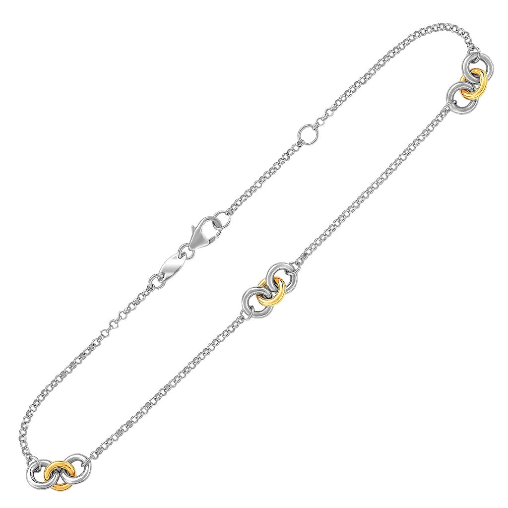 Yellow Gold and Sterling Silver 14k Triple Ring Stationed Anklet