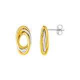 Two Tone Gold 14k Post Earrings with Three Interlocking Ovals in Pushback Clasps