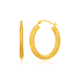 Yellow Gold 10k Oval Line Texture Hoop Earrings with Snap Lock