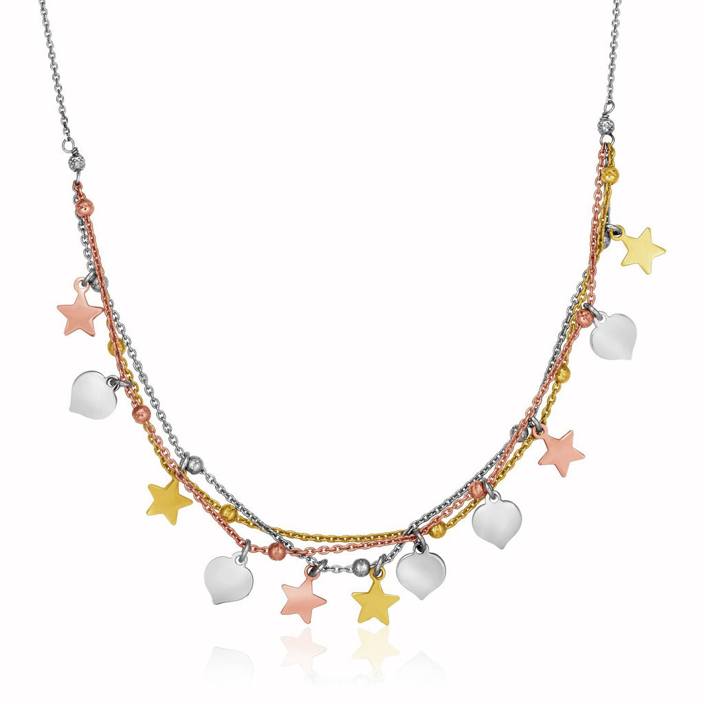 Sterling Silver 18 inch Three Toned Women's Necklaces with Polished Hearts and Stars
