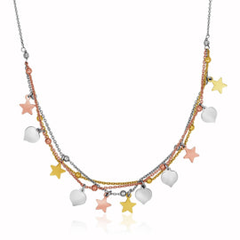 Sterling Silver 18 inch Three Toned Women's Necklaces with Polished Hearts and Stars