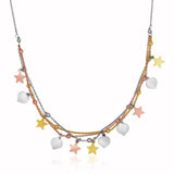 Sterling Silver 18 inch Three Toned Women's Necklaces with Polished Hearts and Stars