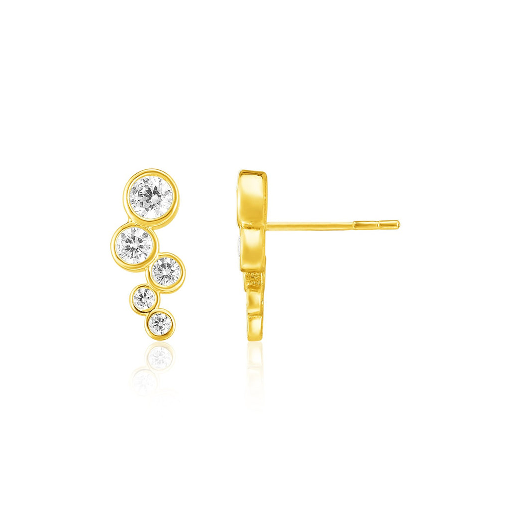Yellow Gold 14k Climber Post Earrings with Circles and Cubic Zirconias in Pushback Clasps