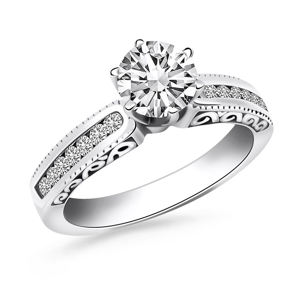 White Gold 14k Channel Set Engraved Sides Engagement Ring