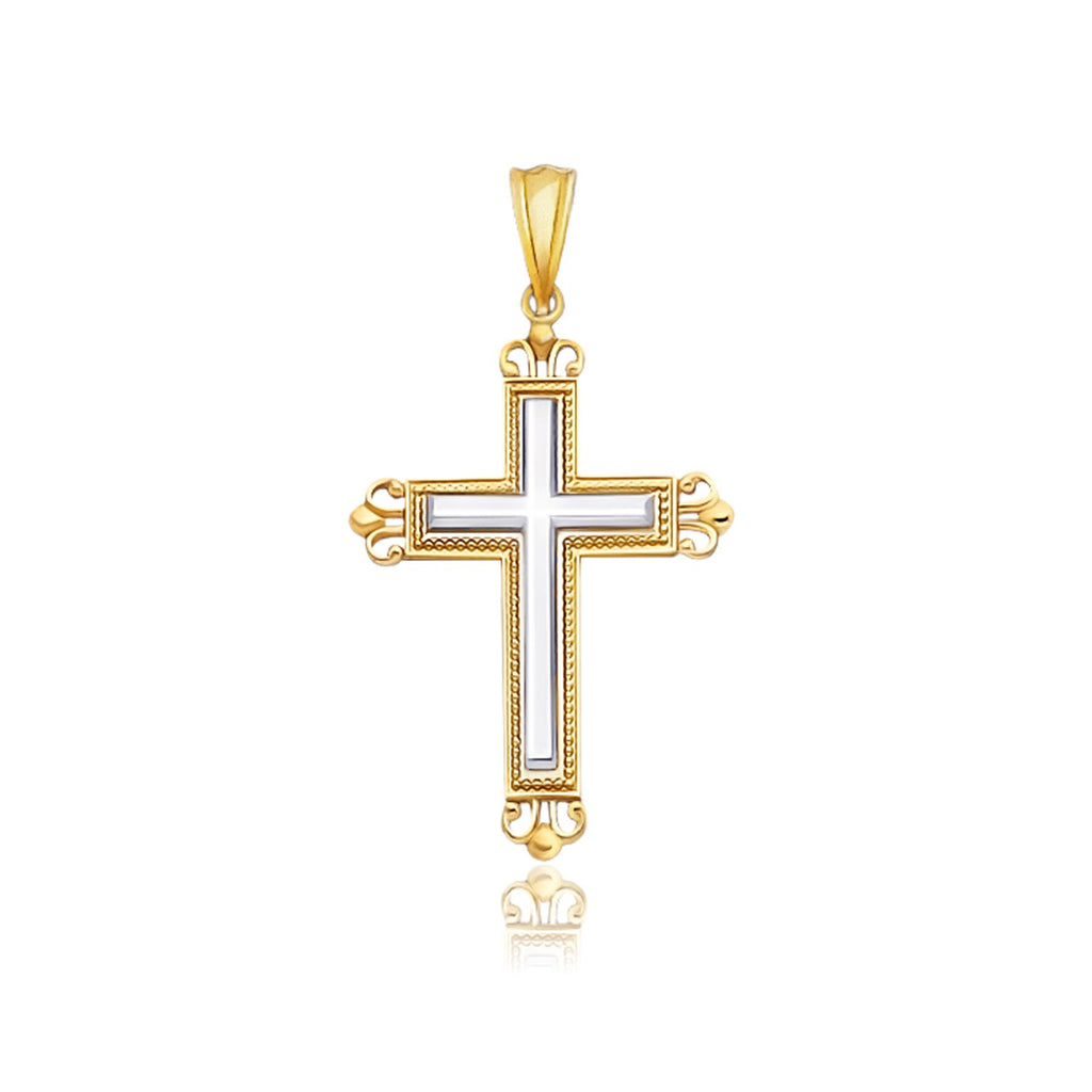 Two-Tone Gold 14k Cross Pendant with an Ornate Budded Style