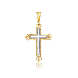 Two-Tone Gold 14k Cross Pendant with an Ornate Budded Style