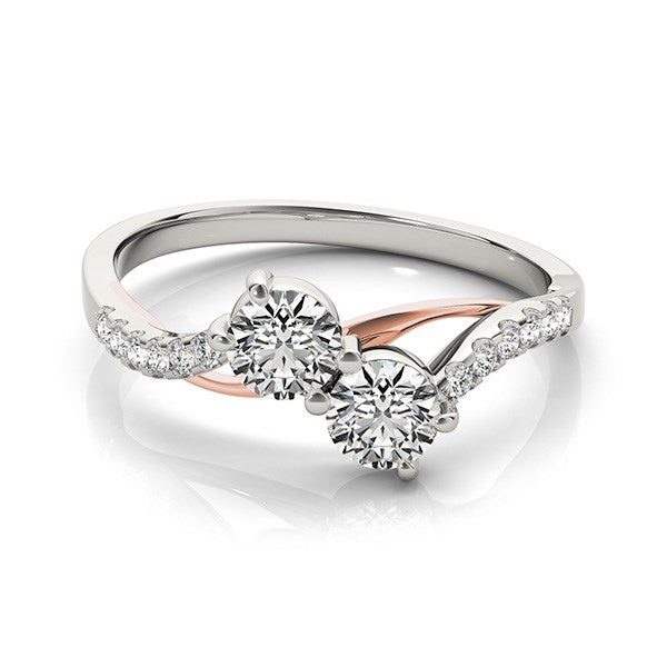 White And Rose Gold 14k Two Stone Diamond Ring with Curved Band
