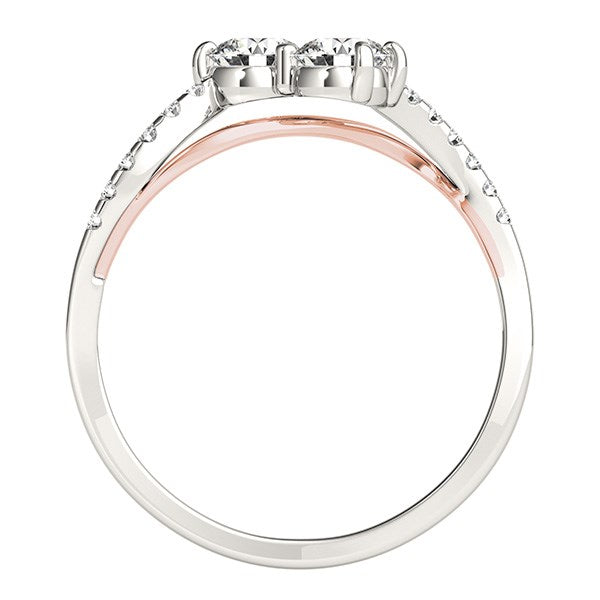 White And Rose Gold 14k Two Stone Diamond Ring with Curved Band