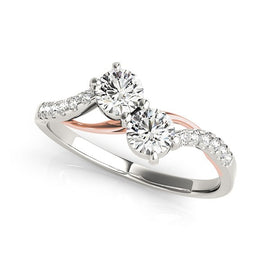White And Rose Gold 14k Two Stone Diamond Ring with Curved Band