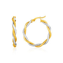 Load image into Gallery viewer, Yellow and White Gold 10k Two-Tone Twisted Wire Round Hoop Earrings in Hinged Snap Back
