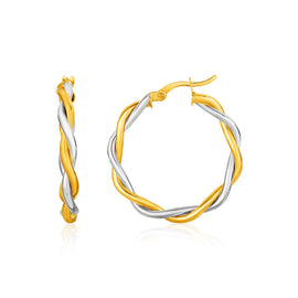 Yellow and White Gold 10k Two-Tone Twisted Wire Round Hoop Earrings in Hinged Snap Back