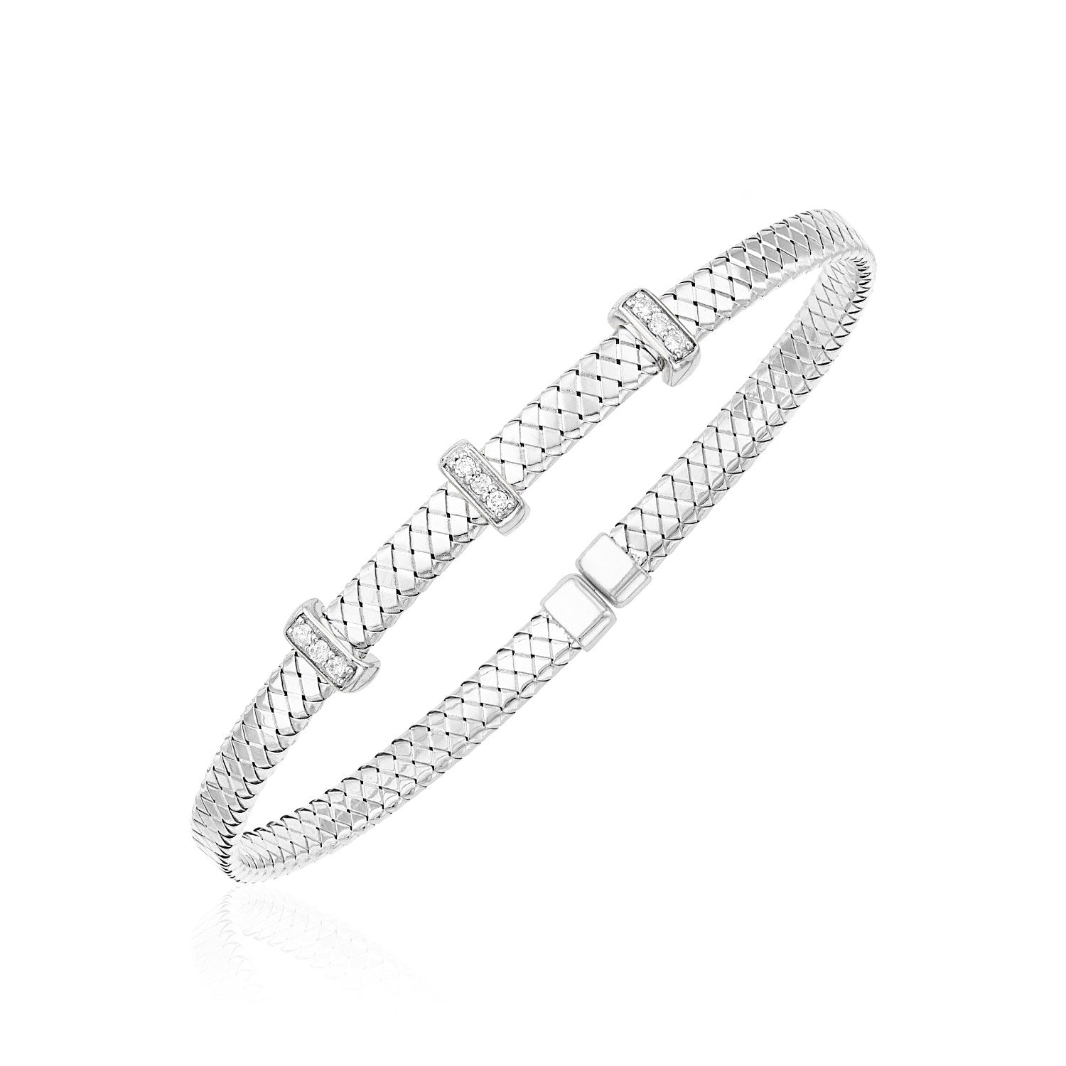White Gold 14k Narrow Basket Weave Bangle with Diamonds