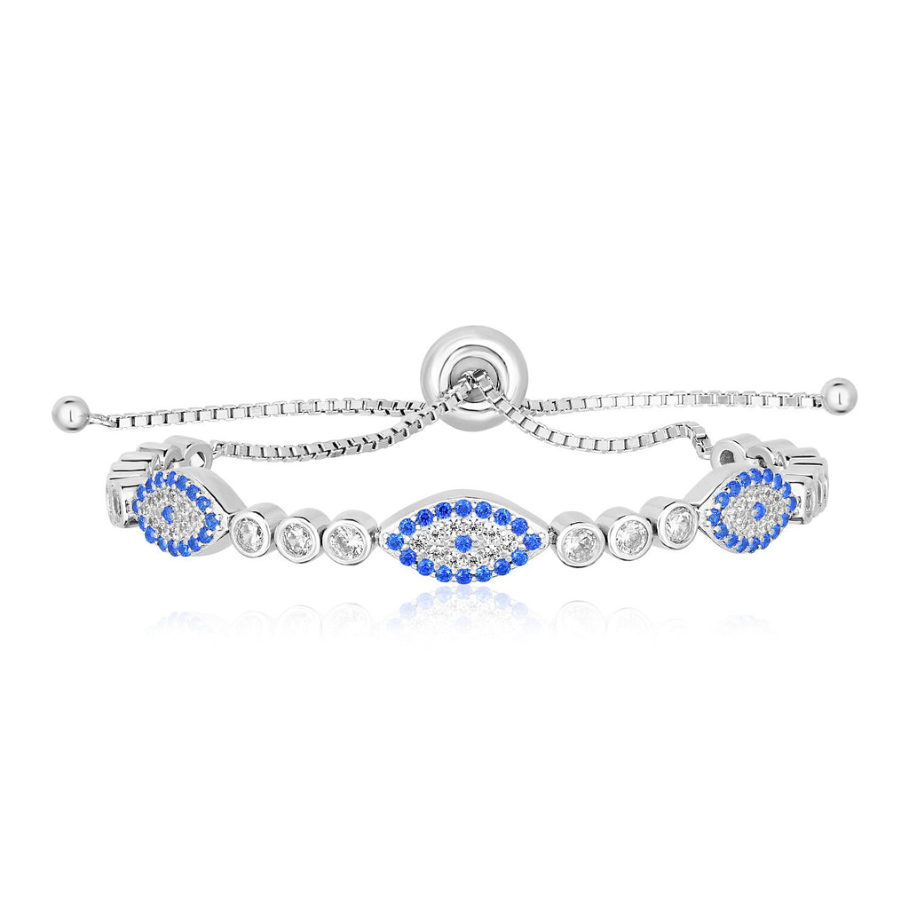 Sterling Silver Women's Adjustable Enameled Evil Eye Bracelet with Cubic Zirconias