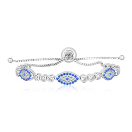 Sterling Silver Women's Adjustable Enameled Evil Eye Bracelet with Cubic Zirconias
