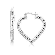 Load image into Gallery viewer, Sterling Silver Rhodium Plated Heart Style Hoop Diamond Cut Earrings