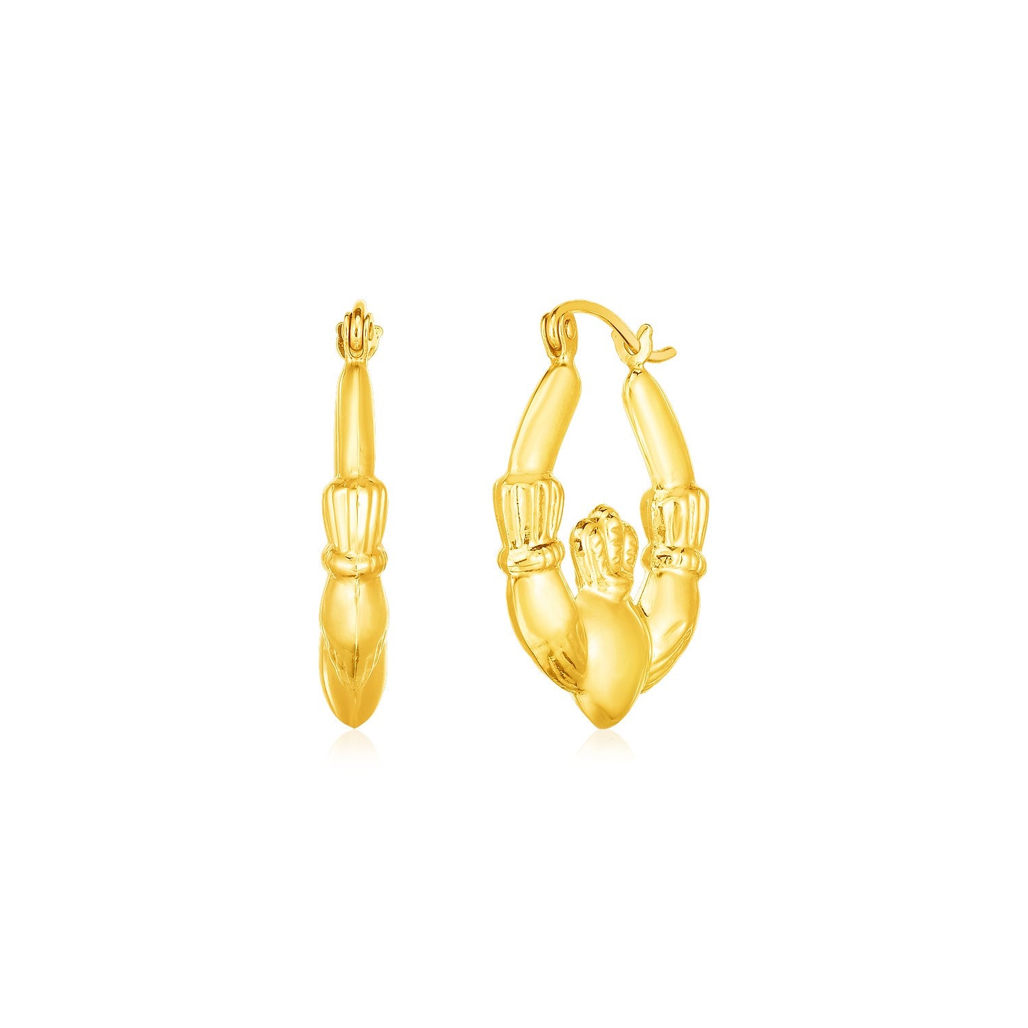 Yellow Gold 14k Claddagh Symbol Hoop Earrings in Hinged Snap Back