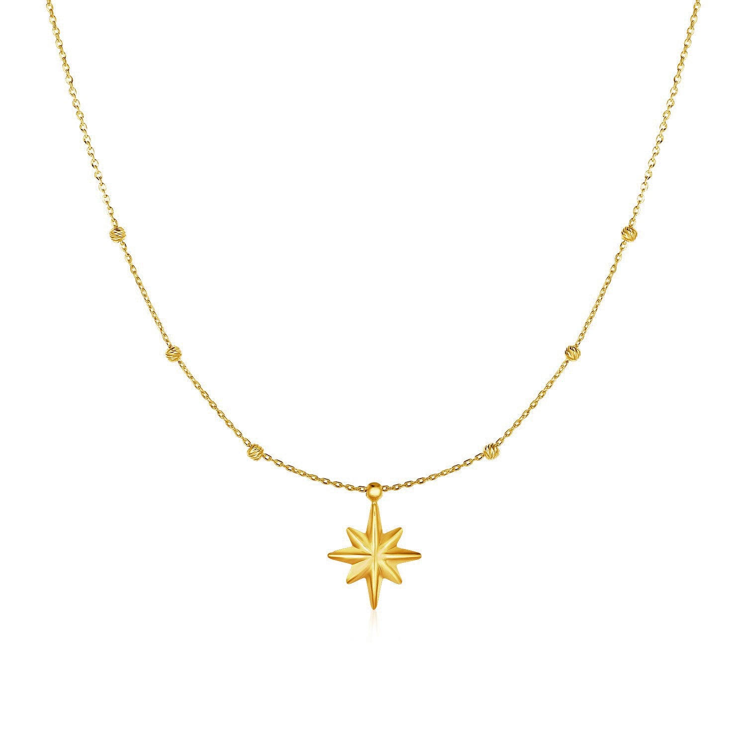 Yellow Gold 14k Women's Necklace with Eight Pointed Star and Beads