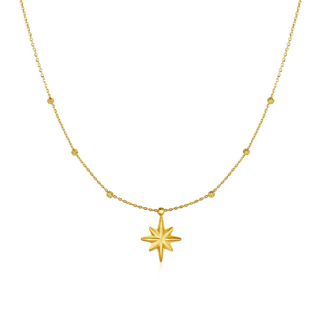 Yellow Gold 14k Women's Necklace with Eight Pointed Star and Beads