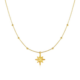 Yellow Gold 14k Women's Necklace with Eight Pointed Star and Beads