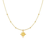 Yellow Gold 14k Women's Necklace with Eight Pointed Star and Beads