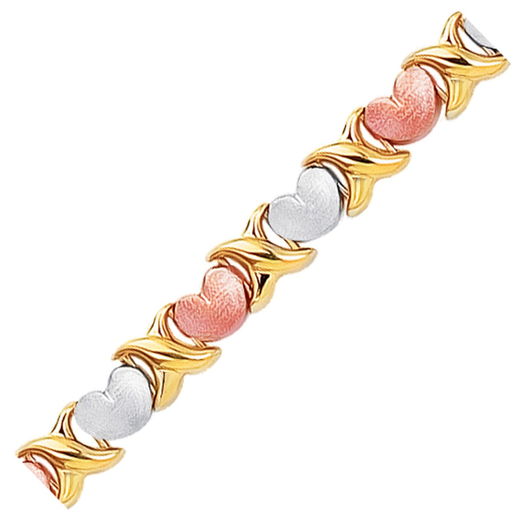 Tri-Color Gold 14k Fancy Satin Women's Heart Line Bracelet